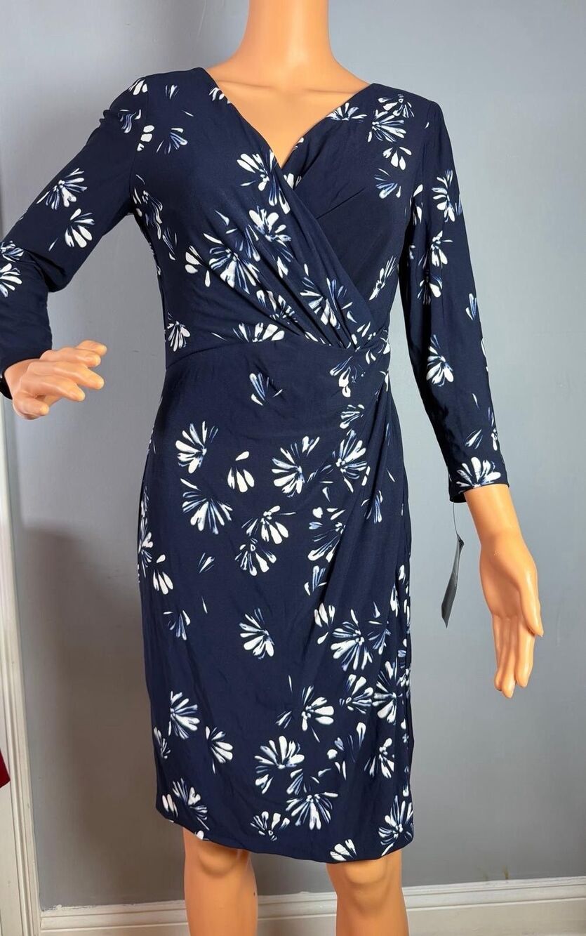 American Living Faux Wrap Dress Womens 6 Navy Blue Floral V-Neck 3/4 Sleeve NWT.